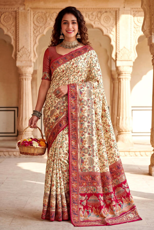Embrocation Beige Pashmina Silk Saree With Traditional Blouse Piece