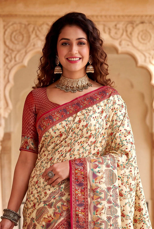 Embrocation Beige Pashmina Silk Saree With Traditional Blouse Piece