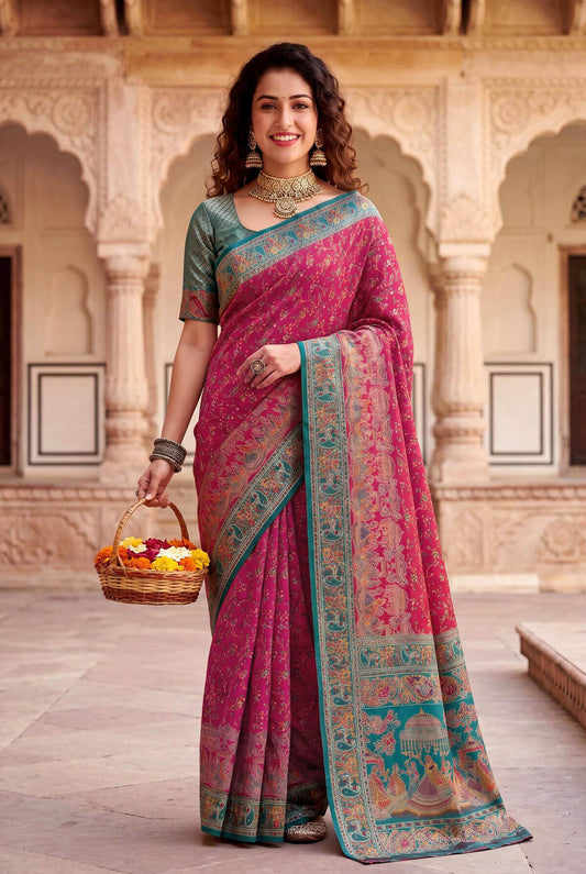 Fancifull Dark Pink Pashmina Silk Saree With Wonderful Blouse Piece