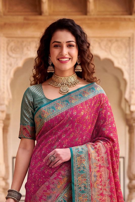Fancifull Dark Pink Pashmina Silk Saree With Wonderful Blouse Piece
