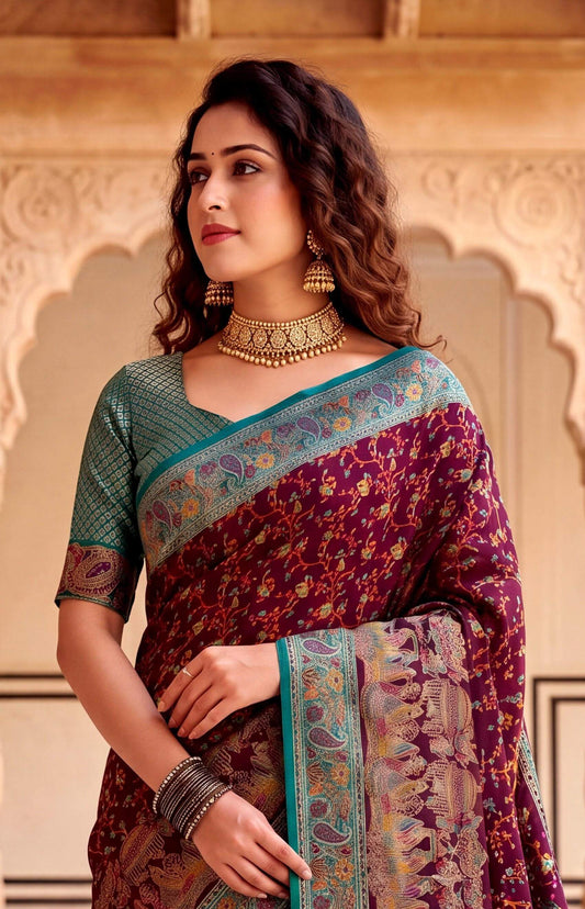 Hypnotic Wine Pashmina Silk Saree With Designer Blouse Piece
