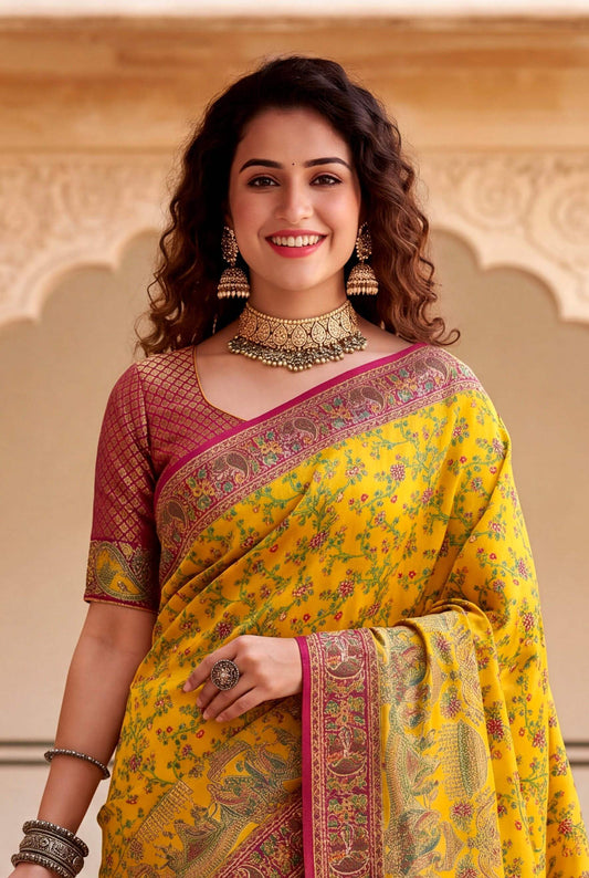 Nectarous Yellow Pashmina Silk Saree With Classic Blouse Piece