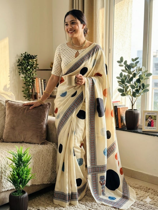 Scintilla Beige Digital Printed Satin Silk Saree With Ephemeral Blouse Piece