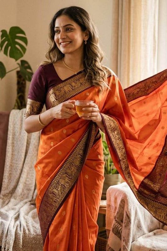 Incredible Orange Soft Silk Saree With Pleasurable Blouse Piece