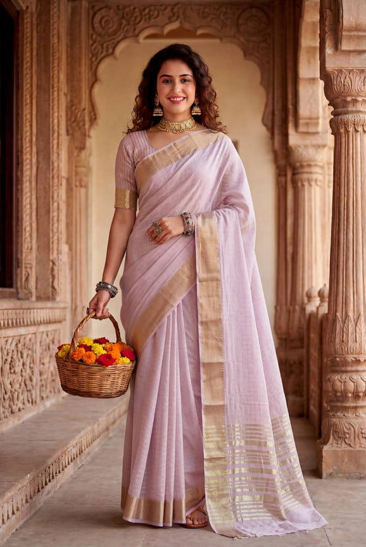 Devastating Baby Pink Zari Weaving Linen Silk Saree With Epiphany Blouse Piece