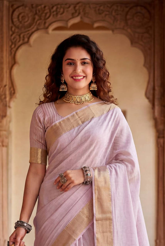 Devastating Baby Pink Zari Weaving Linen Silk Saree With Epiphany Blouse Piece