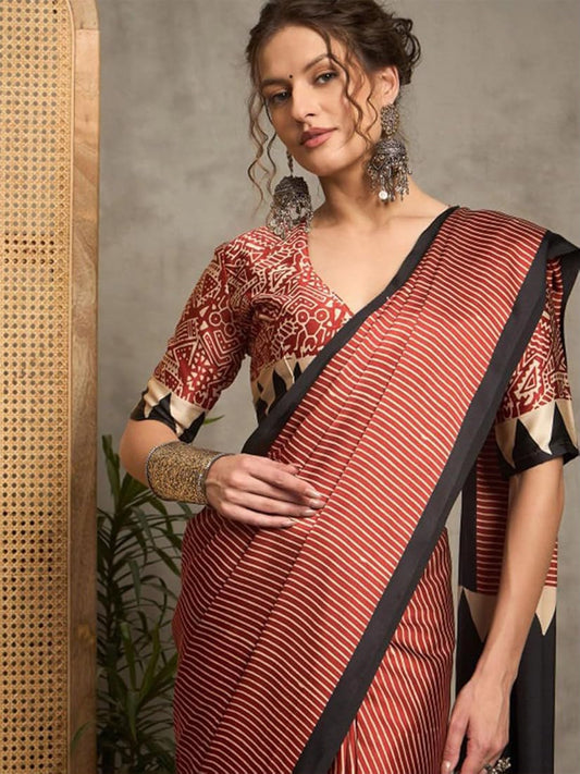 Snappy Pink Ajrakh Printed Satin Silk Saree With Marvellous Blouse Piece