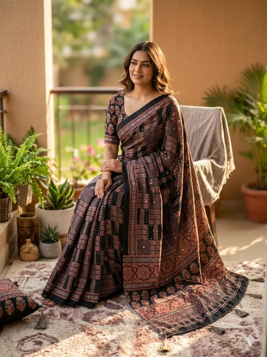 Rhapsody Black Ajrakh Printed Mirror Work Satin Silk Saree With Aplomb Blouse Piece