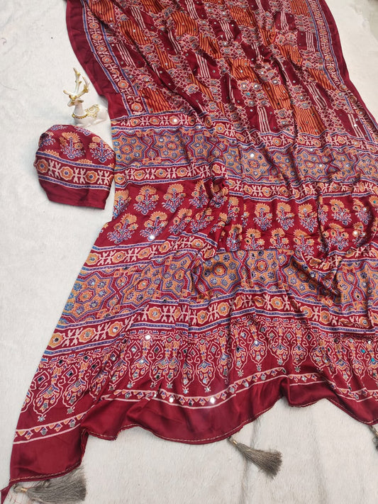 Ethnic Maroon Ajrakh Printed Mirror Work Satin Silk Saree With Intricate Blouse Piece
