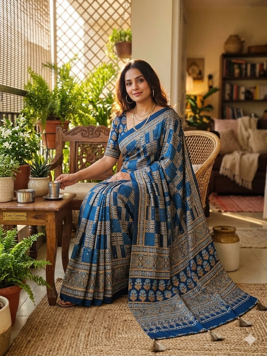 Zephyr Rama Ajrakh Printed Mirror Work Satin Silk Saree With Glittering Blouse Piece