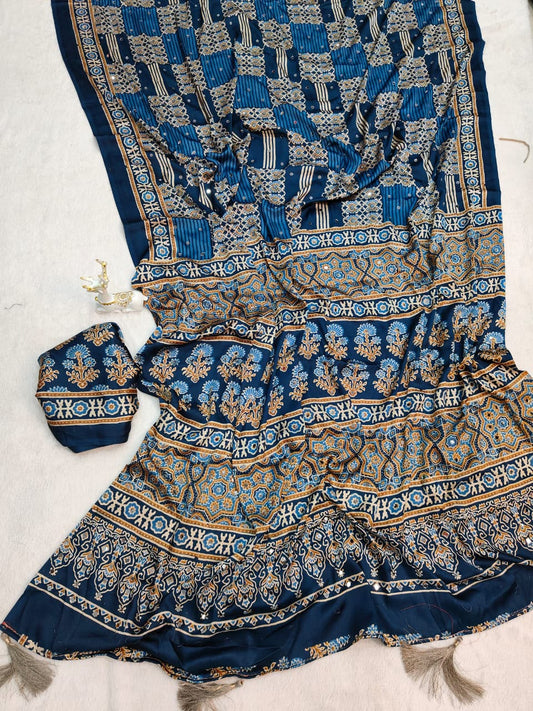 Zephyr Rama Ajrakh Printed Mirror Work Satin Silk Saree With Glittering Blouse Piece