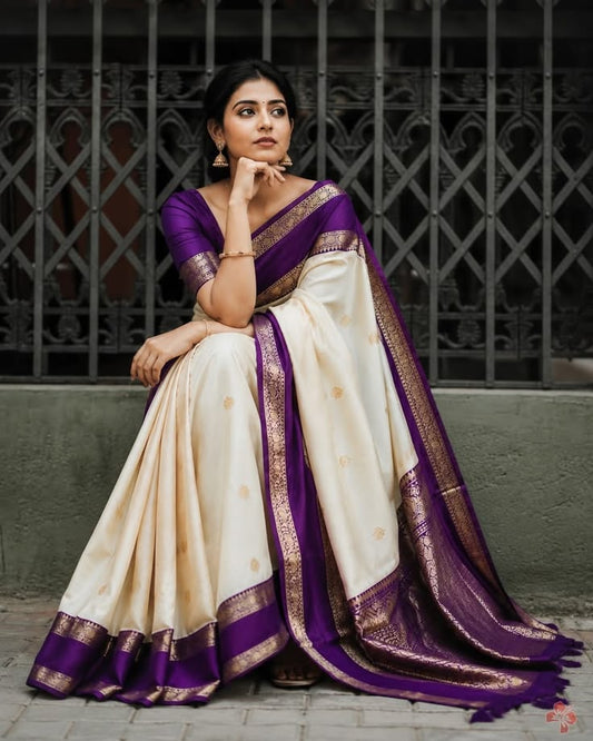 Desiring Beige Pure Banarasi Silk Saree With Seraphic Blouse Piece