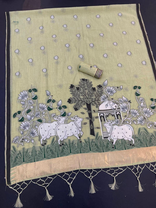 Innovative Pista Pure Munga Cotton Silk Saree With Forbearance Blouse Piece