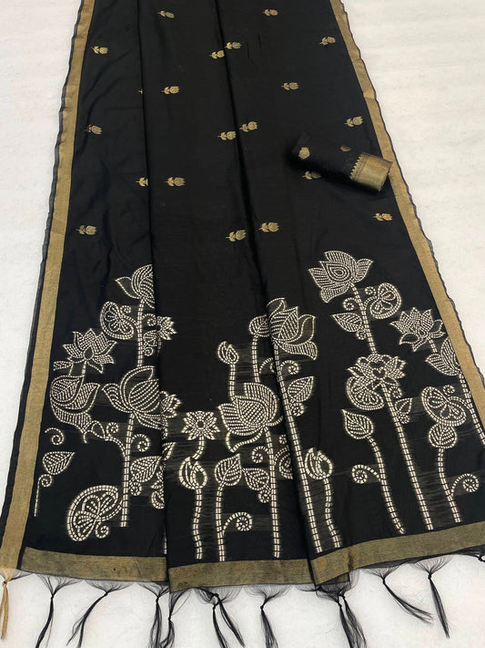 Flaunt Black Pure Munga Cotton Silk Saree With Precious Blouse Piece