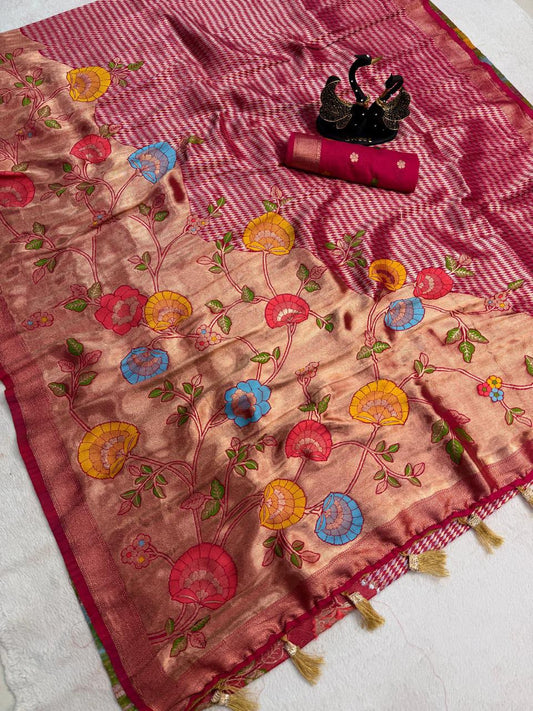 Diaphanous Dark Pink Banarasi Khadi Silk Saree With Lovely Blouse Piece