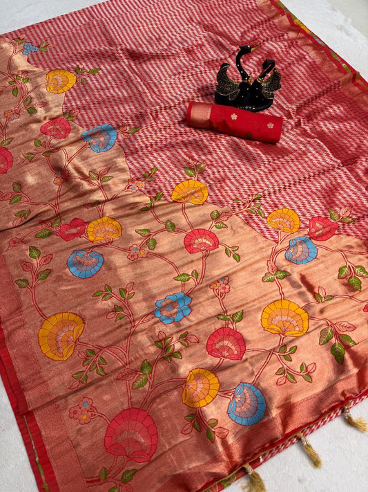 Felicitous Red Banarasi Khadi Silk Saree With Eclat Blouse Piece