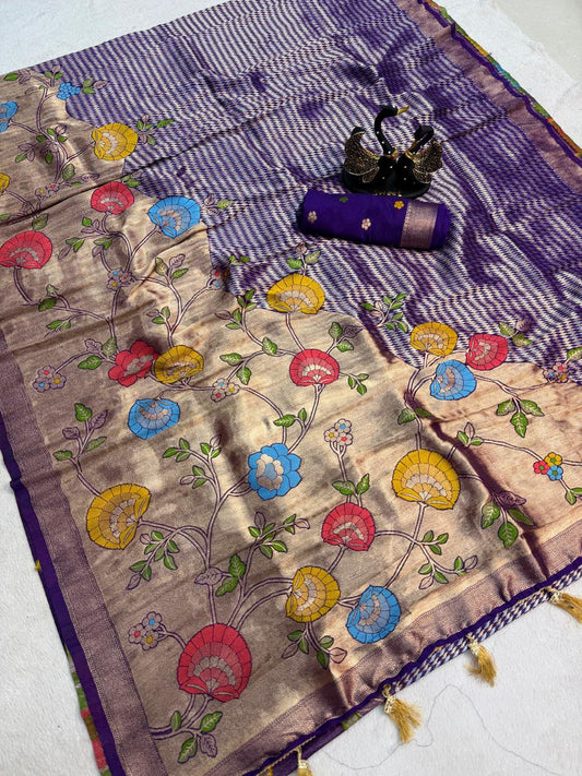 Dissemble Royal Blue Banarasi Khadi Silk Saree With Blooming Blouse Piece