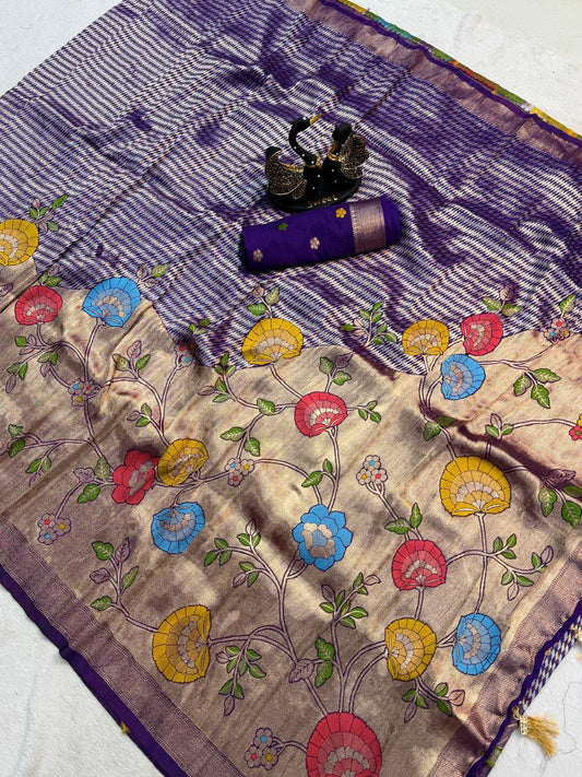 Dissemble Royal Blue Banarasi Khadi Silk Saree With Blooming Blouse Piece