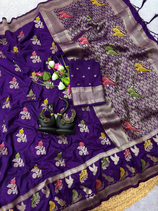 Majesty Royal Purple Banarasi Khadi Silk Saree With Designer Blouse Piece