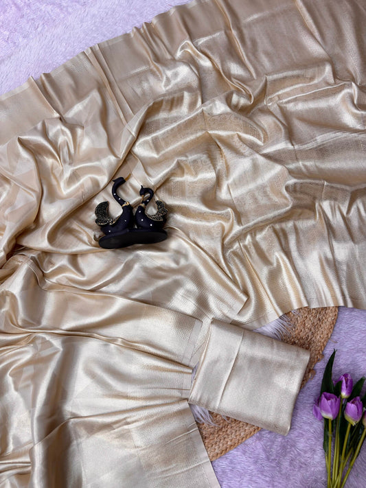 Exuberant Beige Banarasi Tissue Silk Saree With Desultory Blouse Piece