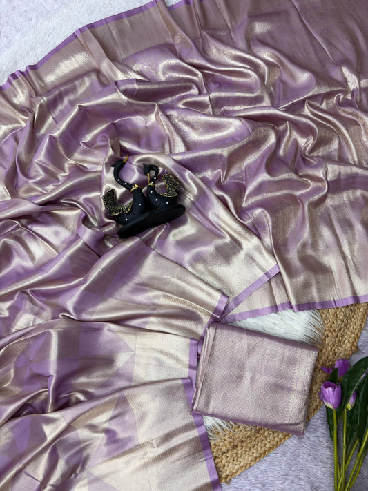 Traditional Lavender Banarasi Tissue Silk Saree With Breathtaking Blouse Piece