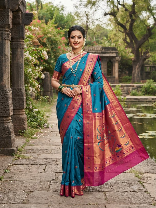 Grandiose Blue Paithani Silk Saree With Piquant Blouse Piece