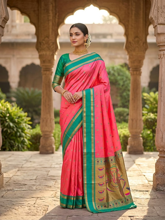 Invaluable Pink Paithani Silk Saree With Fairytale Blouse Piece