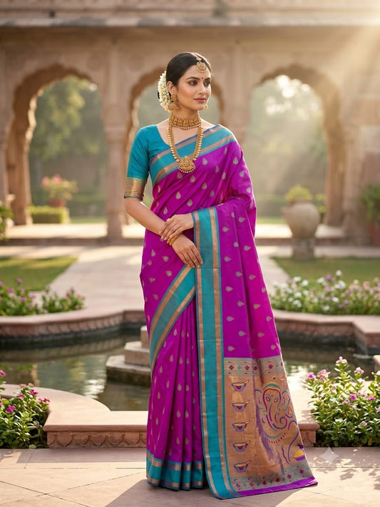 Opulent Purple Paithani Silk Saree With Gossamer Blouse Piece