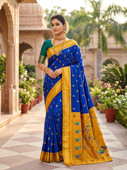 Super classy Royal Blue Paithani Silk Saree With Ephemeral Blouse Piece