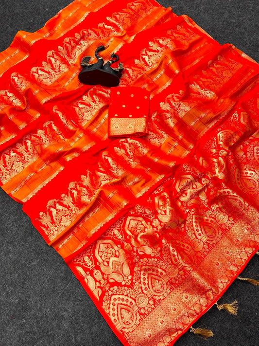 Mellifluous Orange Banarasi Khadi Silk Saree With Prettiest Blouse Piece