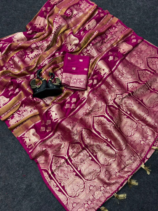 Resonant Dark Pink Banarasi Khadi Silk Saree With Denouement Blouse Piece
