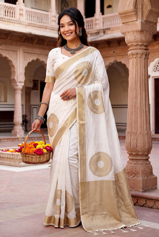 Sophisticated Off White Banarasi Khadi Silk Saree With Stunning Blouse Piece