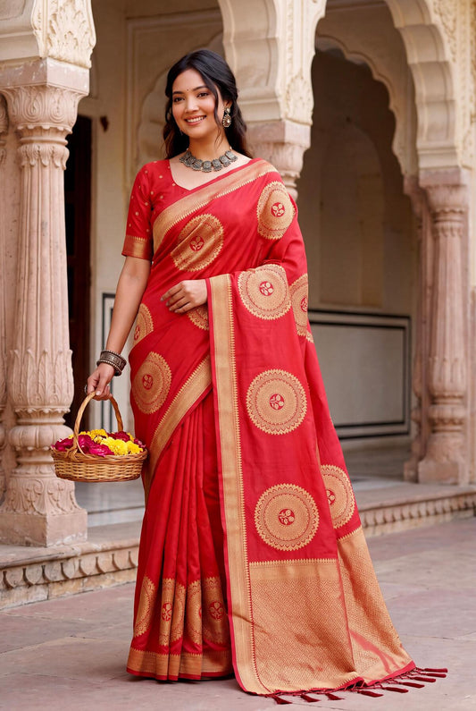 Unique Red Banarasi Khadi Silk Saree With Engaging Blouse Piece
