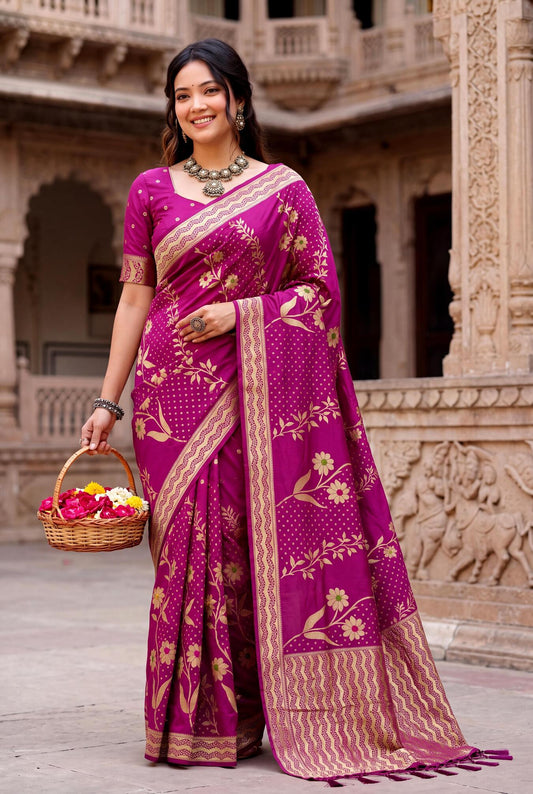 Evocative Dark Pink Banarasi Khadi Silk Saree With Fugacious Blouse Piece