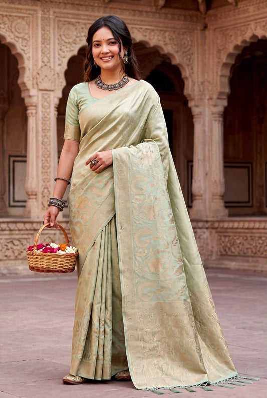 Staring Pista Khadi Georgette Banarasi Silk Saree With Luminous Blouse Piece