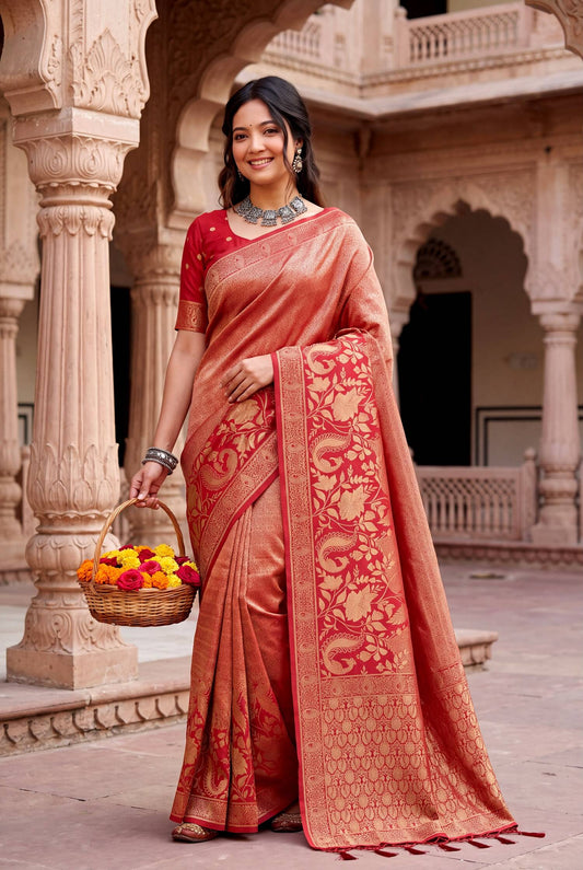 Outstanding Red Khadi Georgette Banarasi Silk Saree With Quixotic Blouse Piece