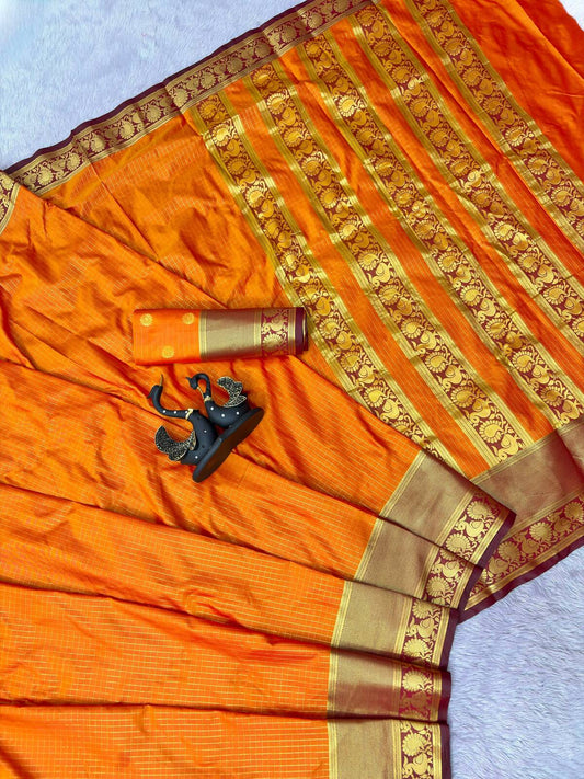Nebula Orange Pure Banarasi Silk Saree With Profuse Blouse Piece