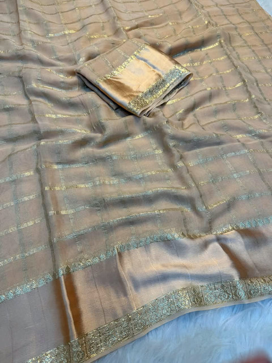 Sizzling Beige Banarasi Viscose Silk Saree With Assemblage Blouse Piece