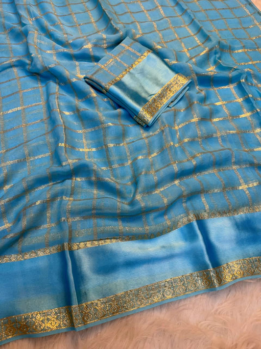 Amazing Firozi Banarasi Viscose Silk Saree With Magnificat Blouse Piece