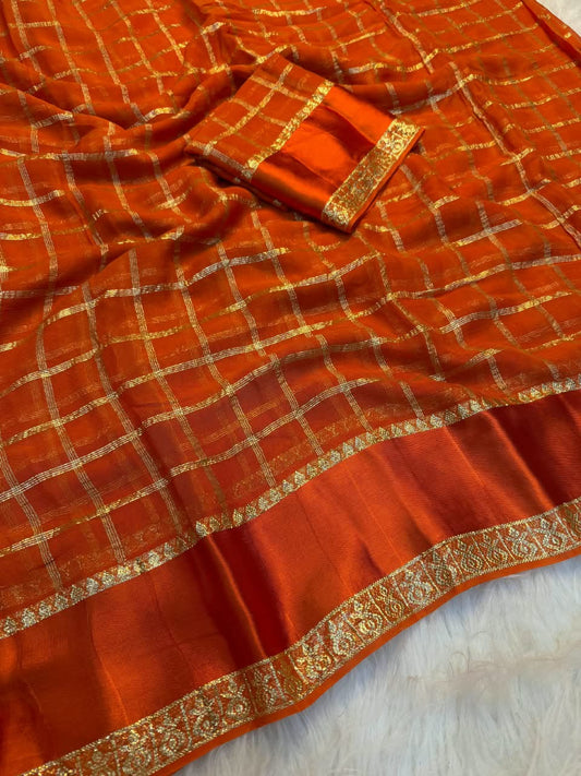 Majesty Orange Banarasi Viscose Silk Saree With Ethnic Blouse Piece