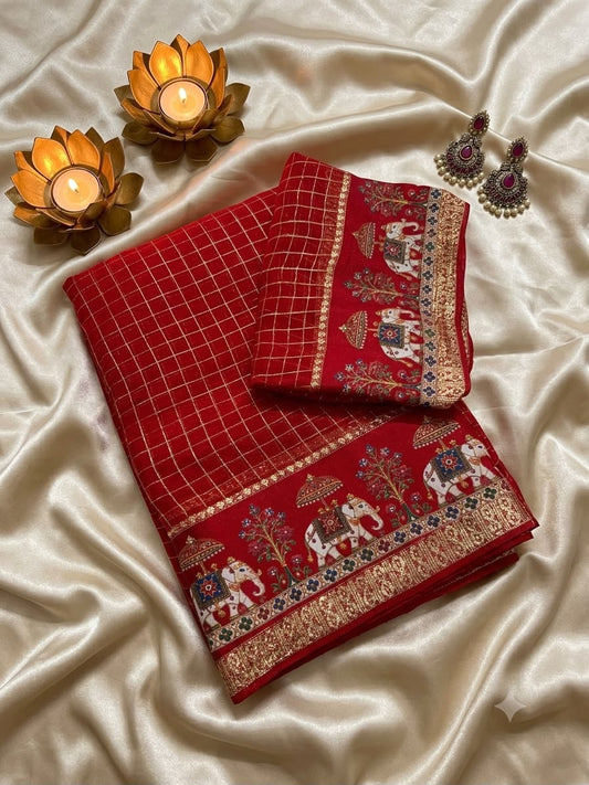 Ailurophile Red Banarasi Viscose Silk Saree With Efflorescence Blouse Piece