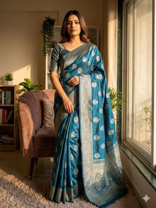 Mesmeric Rama Soft Silk Saree With Pleasant Blouse Piece