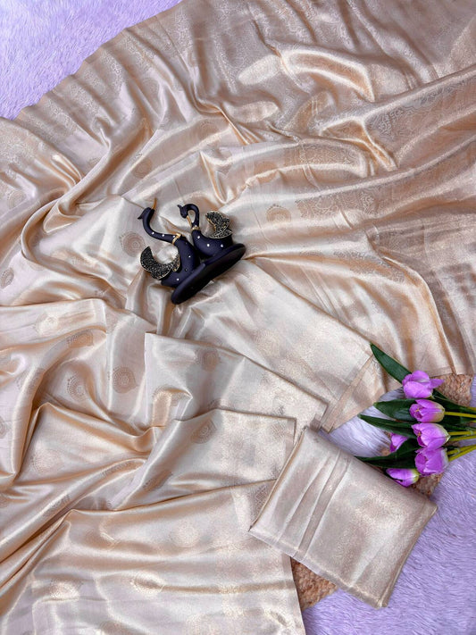 Tremendous Beige Banarasi Tissue Silk Saree With Gleaming Blouse Piece