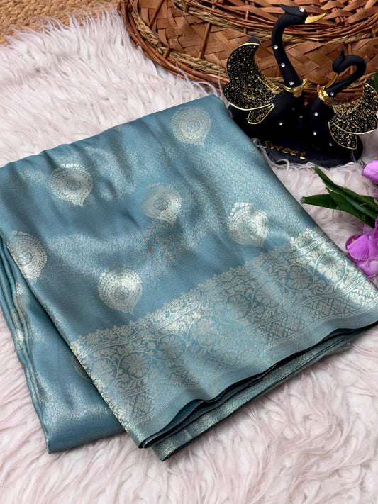 Nectarous Firozi Banarasi Tissue Silk Saree With Resplendent Blouse Piece