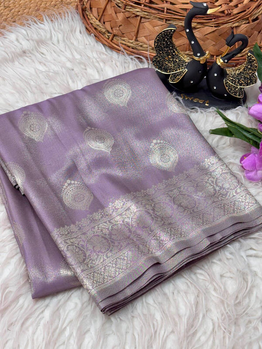 Alluring Lavender Banarasi Tissue Silk Saree With Conflate Blouse Piece