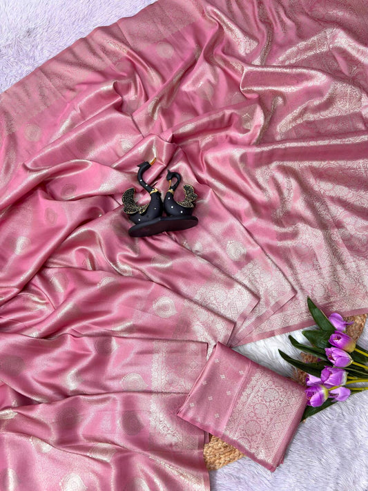 Gratifying Pink Banarasi Tissue Silk Saree With Phenomenal Blouse Piece