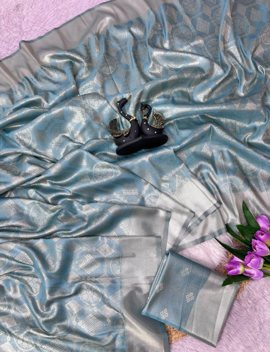 Rhapsody Firozi Banarasi Tissue Silk Saree With Opulent Blouse Piece