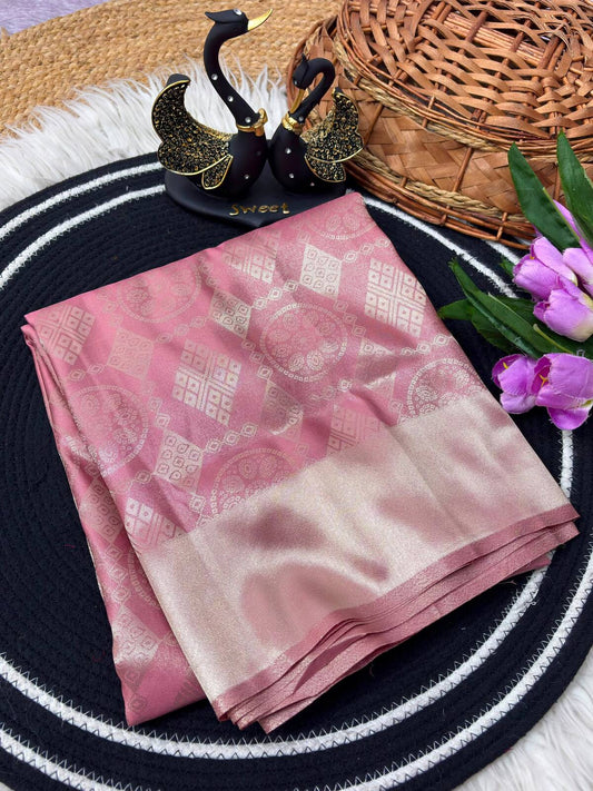 Dalliance Pink Banarasi Tissue Silk Saree With Vibrant Blouse Piece