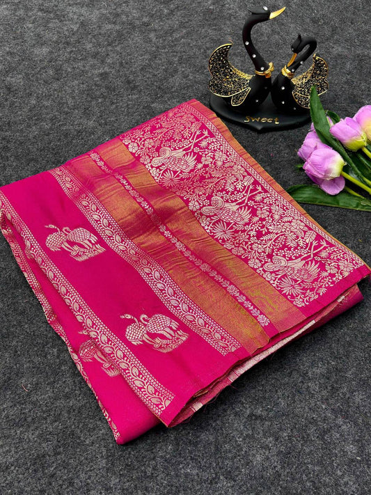 Panoply Dark Pink Khadi Georgette Banarasi Silk Saree With Comely Blouse Piece