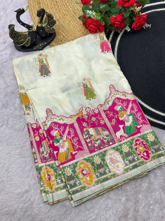 Breathtaking Beige Pashmina Saree With Artistic Blouse Piece